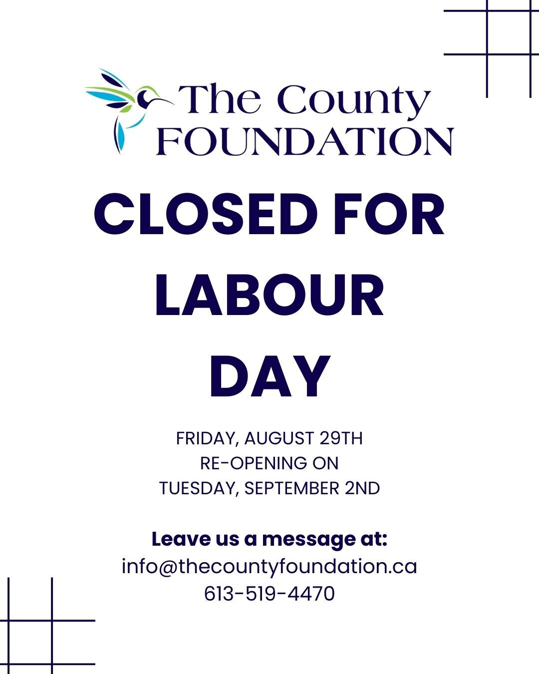 Closed for Labour Day!